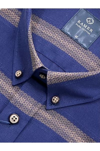 KAMER Men's Regular Fit Short Sleeve 100% Cotton Button Collar Single Pocket Navy Blue Shirt 9371L