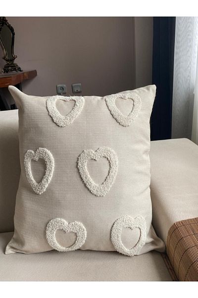 HomeSepet Punch Embroidered Linen Throw Pillow Cover with Heart Pattern (2 Pcs)
