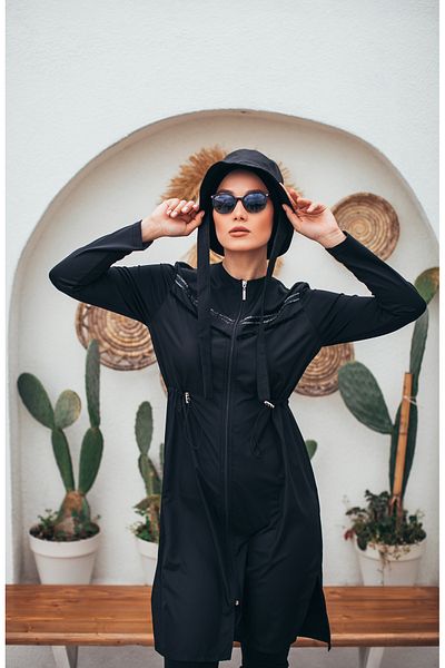 MASSMİZO Black Pearl Women's Long Parachute Fabric Patterned Zippered Full Covered Hijab Swimsuit Set of 3