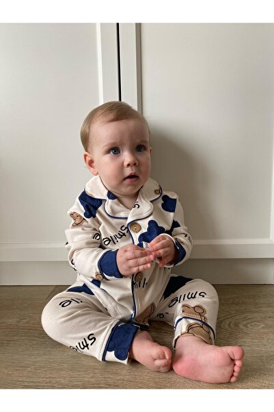 Minizade Hello Smile Bear Bebe Yakalı %100 Pamuk Yumuşacık Kumaş 2'li Pijama Takım