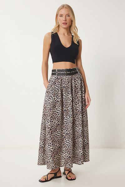 Lovelyİstanbul Fusta evazată cu curea dublă cu model leopard NEGRU BEJ LHC0005