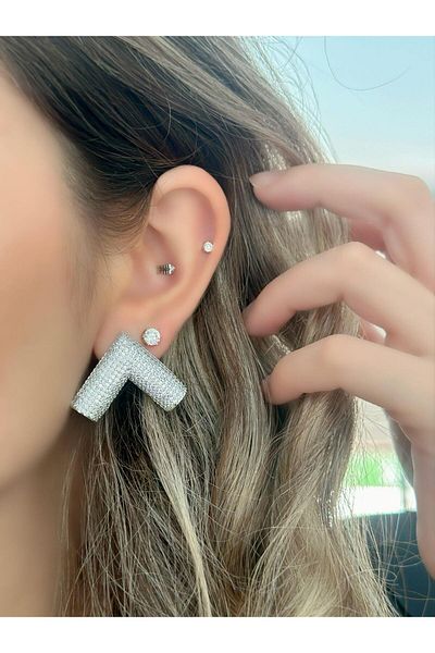 MyladyAccessoriess V Cut Earrings with Zircon Stone Detail - Steel and Silver