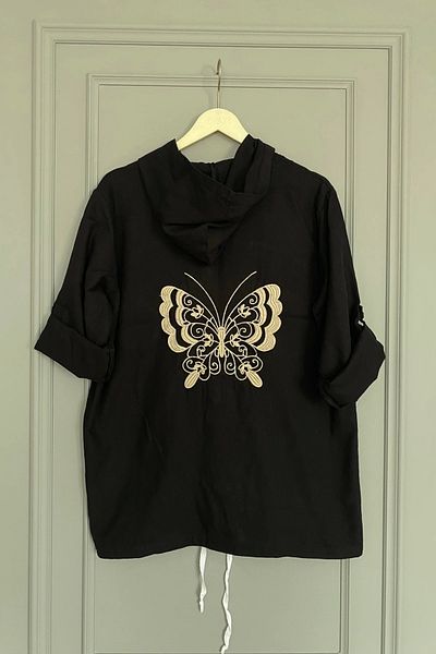 Bİ.GİYSEN Women's Black Large Size Back Butterfly Embroidered Sleeve Fold Cotton Linen Fabric Shirt Jacket