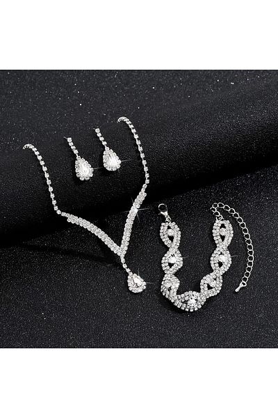 Choice 6625-3-Silvery 3 Pcs Luxury Rhinestone Bride Jewelry Set for Women Black Water Drop Crystal Earrings
