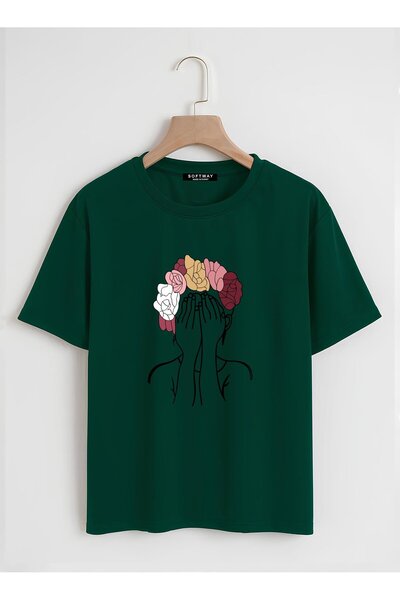 SOFTWAY Unisex Organic Oversize Πολύχρωμο μπλουζάκι με στάμπα με μαλλιά - Σκούρο πράσινο