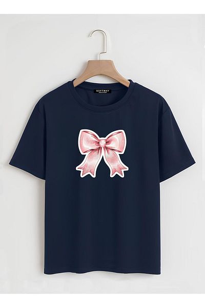 SOFTWAY Unisex Oversize Crew Neck Powder Pink Ribbon Basic T-Shirt - ΣΚΟΥΡΟ ΜΠΛΕ