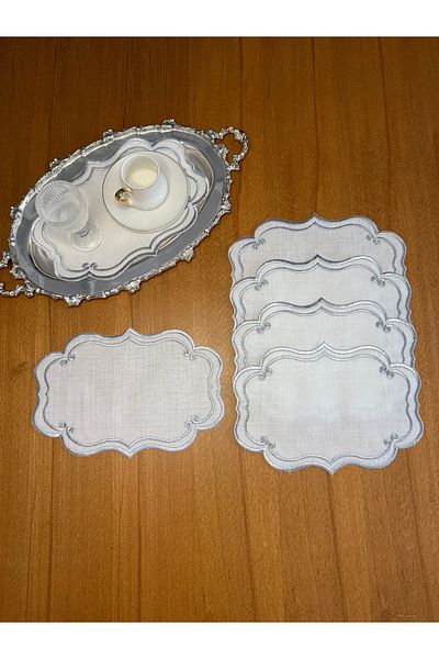Smiling Home 6 Pieces Linen Silver Color Ivy Patterned Tray Cover