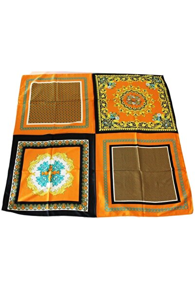 TikiTonki Çiçek Desenli Oranj Saten Eşarp - 90x90