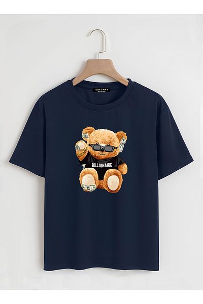 SOFTWAY Unisex Oversize Crew Neck Billionaire εμπριμέ μπλουζάκι - ΣΚΟΥΡΟ ΜΠΛΕ
