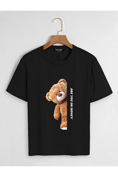 SOFTWAY Unisex Organic Oversize Are You Ok Honey Printed Basic T-Shirt - Black