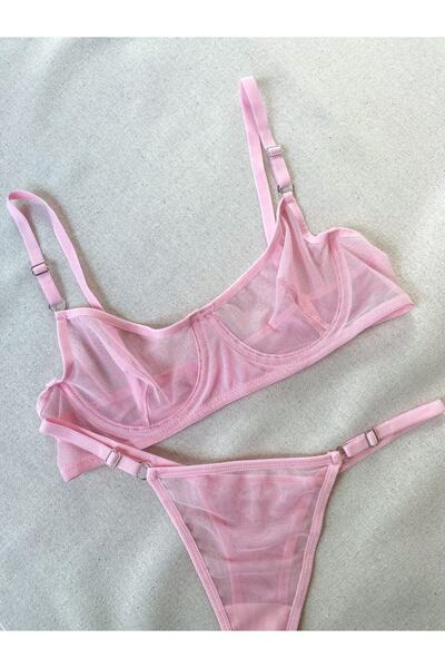 La Linaa Γυναικείο Σετ σουτιέν με στρινγκ καλσόν από ροζ τούλι