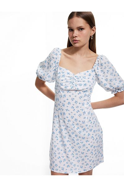 Koton New Season Viscose Sweetheart Neck Balloon Sleeve A-Line Slim Fit Mini Floral Dress