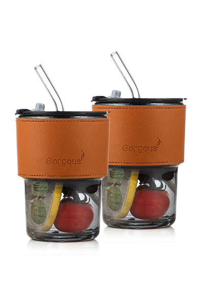 Generic Coffee cup with straw leather holder black 2 PCS 450ml