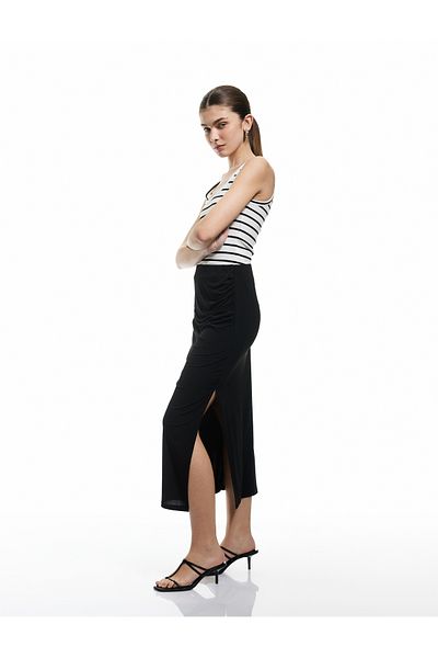 Koton New Season Side Slit Detailed Midi Draped Pencil Skirt