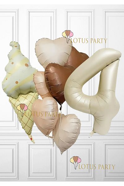 LOTUS PARTY Σετ μπαλόνι με θέμα ρετρό παγωτό - Ρετρό παγωτό - Μπαλόνι με φύλλο καφέ καρδιάς - Κρέμα Αριθμός Ηλικίας