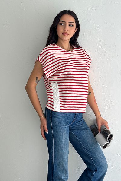FEMELLE Women's Red Striped 100% Cotton Blouse with Button Detail on the Sides