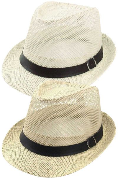 Uniquetrenders Unisex Σετ 2 δικτυωτών καλοκαιρινών ψάθινων αγκράφες με λεπτομέρεια Fedora Trilby καπέλο