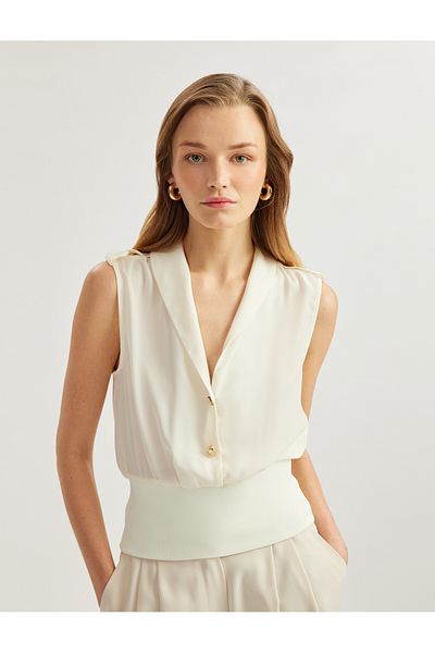 Koton New Season Ribbed Waist Fabric Detailed Jacket Collar Buttoned Sleeveless Crepe Blouse
