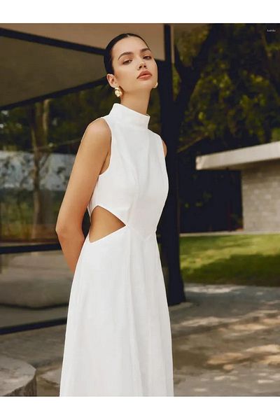 FASHION COCKTAIL Μίντι λαιμόκοψη με λεπτομέρεια παράθυρο μέσης αμάνικο μέχρι το γόνατο Midi Seaside Summer Viscose φόρεμα