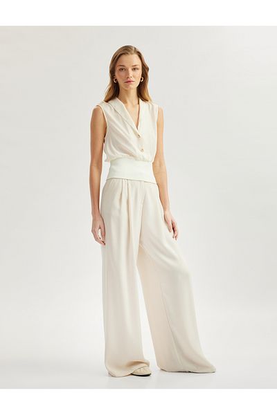 Koton New Season Ribbed Waist Fabric Detailed Jacket Collar Buttoned Sleeveless Crepe Blouse