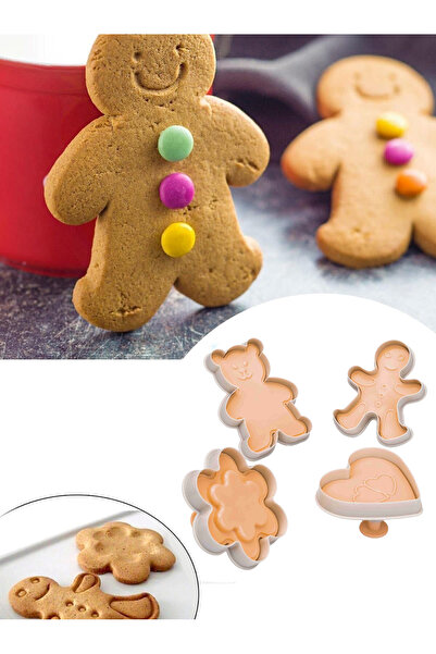 MappleHome 4'lü Adam Ayıcıklı Kalpli Çiçekli Kurabiye Kalıbı Desenli Kurabiye Kalıbı