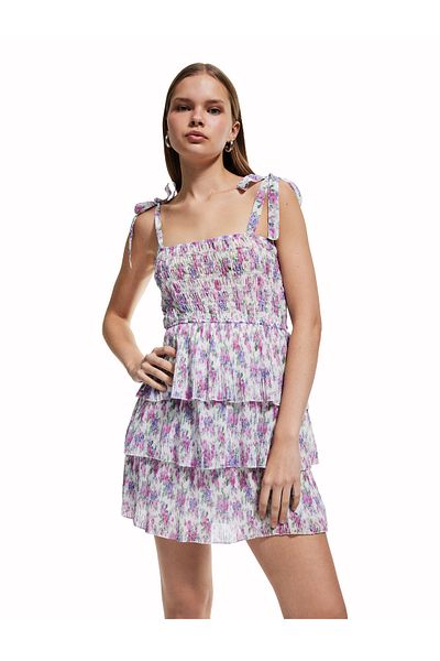 Koton Rochie mini din viscoză florală cu gât pătrat cu volan în straturi de sezon nou