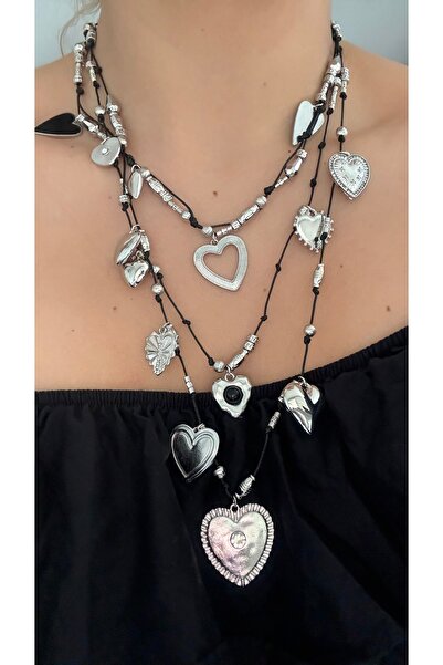 GM TAKI Vintage Tarzı Çelik Kalpli Katmanlı Kolye – Siyah İpli, Gümüş Renk El...