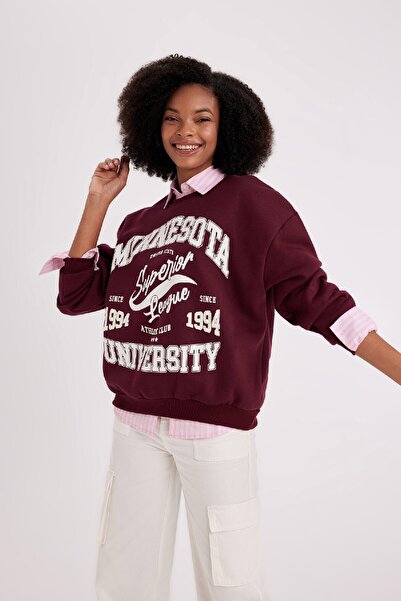 DeFacto Oversize Wide Fit Crew Neck Potištěná tlustá látková mikina A8970ax23wn