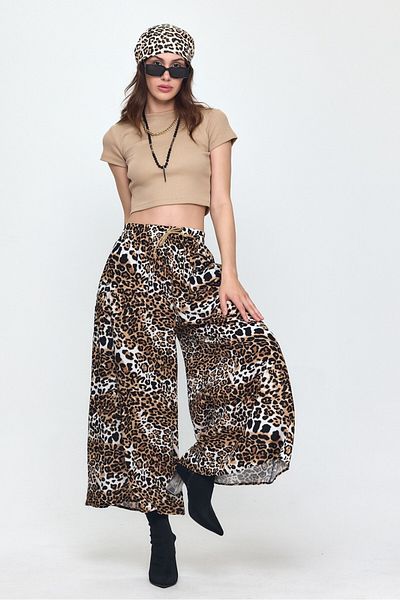 AYASOFYA OTANTIK Women's Leopard Patterned Elastic Waist Wide Leg Pocket Viscose Trousers