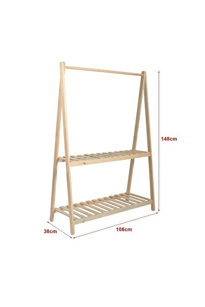 DizyWood Doğal Ahşap Konfeksiyon Elbise Askılık Iki Raflı Ayaklı Askılık 148x...