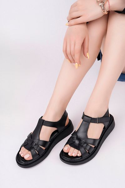 Deripabuc Black Leather Women's Sandals Dc-1429