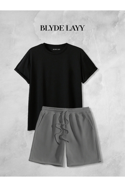 BLYDE LAYY طقم شورت تي شيرت سادة غير مطبوع للجنسين