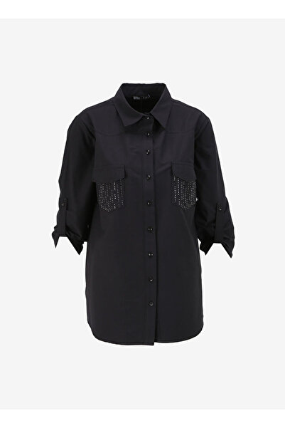 Selen Normal Gömlek Yaka Düz Siyah Kadın Gömlek 24YSL8866-BB