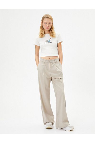 Koton Νέα σεζόν Cat printed Crop T-shirt με κοντό μανίκι Crew λαιμόκοψη Slim Fit Ribbed Cotton
