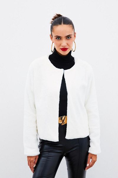 Sateen Ecru Collarless Plush Jacket