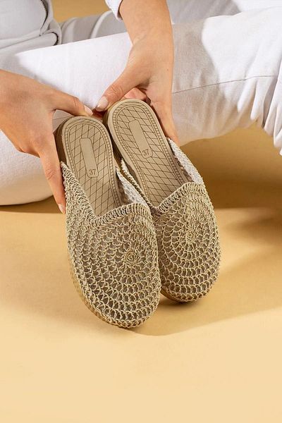 FUGA MODA Παντόφλες Ottawa Beige κυκλικές ψάθινες κεντημένες κλειστές μπροστινές παντόφλες