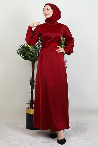 GİYZAMİLA Belted Satin Dress Burgundy