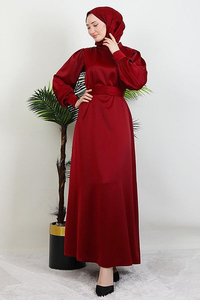GİYZAMİLA Belted Satin Dress Burgundy