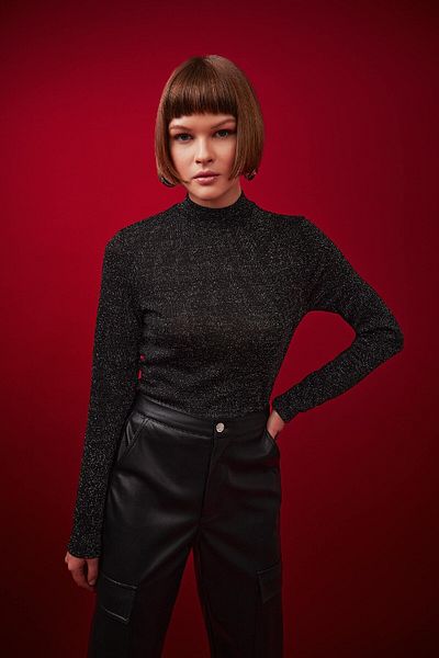 DeFacto Slim Fit Slim Fit Turtleneck Glitter Fabric Long Sleeve T-Shirt B2065Ax23Au