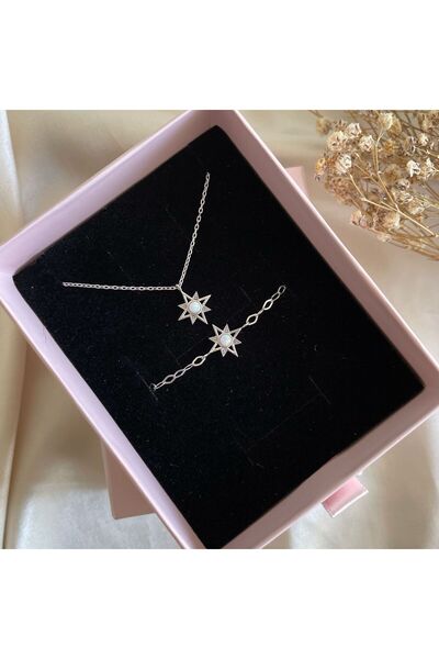 Lovera Jewellery 925 Ayar Gümüş Beyaz Opal Taşlı Sirius Kadın Set (KOLYE,BİLE...
