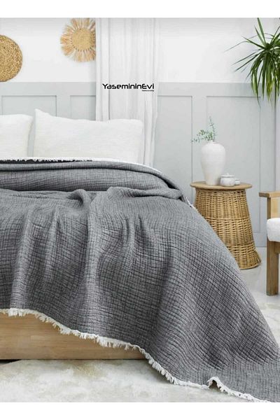YASEMİNİNEVİ Single Dark Gray 6 Layer Muslin Quilt, Bedspread (170X230Cm)