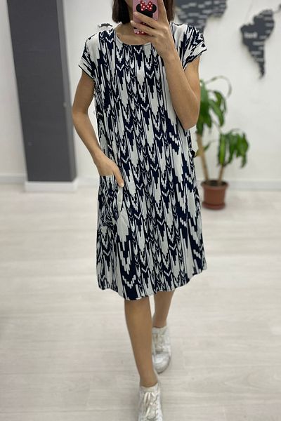 AYASOFYA OTANTIK Women's Black and White Round Neck Bag Pocket Ethnic Patterned Short Sleeve Dress