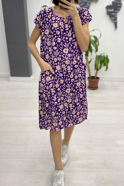 AYASOFYA OTANTIK Women's Purple Round Neck Bag Pocket Patterned Short Sleeve Dress