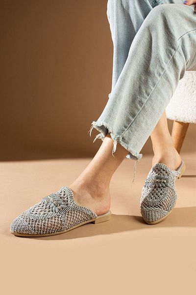 FUGA MODA Karzev Gray Colored Leaf Stone Straw Embroidered Slippers