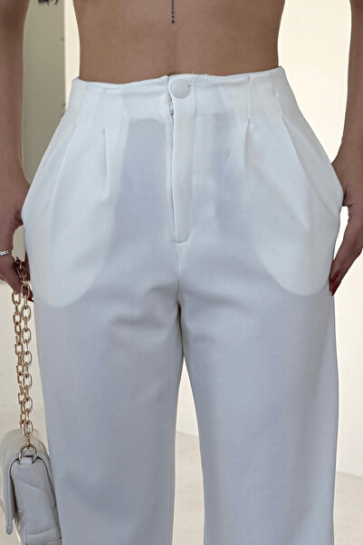 Paw Garage Țesătură Emma pentru femei, cu nasturi, talie înaltă cu spate elastic, cu picioare evazate pantaloni palazzo