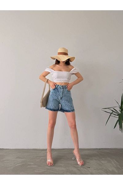 LB Laluna Butik Pantaloni scurți din denim cu talie înaltă cu model pentru femei