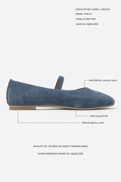 NİŞANTAŞI SHOES Dámské baleríny Arjun Blue z pravého semišu s jednoduchým detailem na pásce a plochou podrážkou