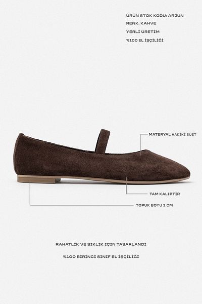 NİŞANTAŞI SHOES Balerini de damă Arjun Brown din piele intoarsa autentică cu o singură curea cu talpă plată