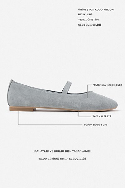 NİŞANTAŞI SHOES Dámské baleríny Arjun Grey z pravého semišu s jednoduchým detailním lemováním a plochou podrážkou