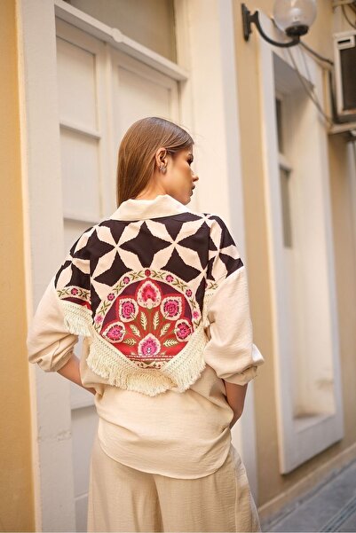 ByEsila ARKASI BASKILI PÜSKÜLLÜ PREMİUM KALİTEKADIN KETEN GÖMLEK